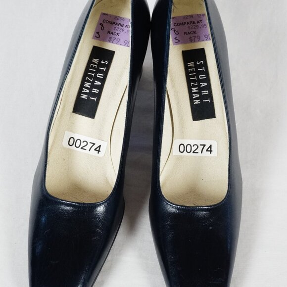 STUART WEITZMAN Leather Square Toe Heel Navy Blue Dress Shoe Size 8 AAA NEW - Picture 1 of 8